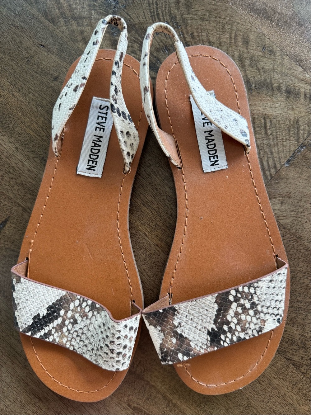 Steve Madden Women's Tan Footbed Sandals with Brown/Beige Snake-Print Straps
